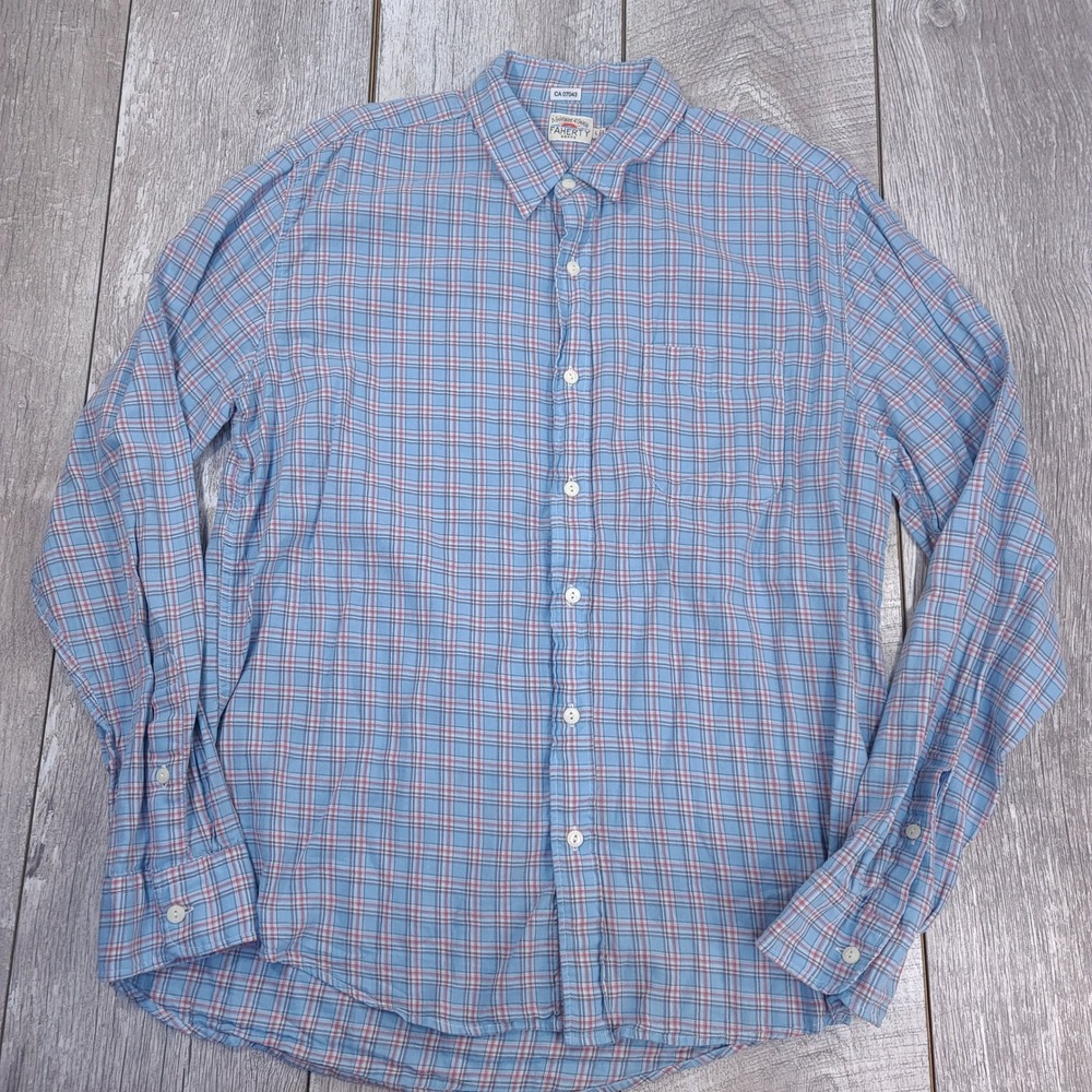Faherty Button Shirt Mens Large Blue Red Plaid Cotton Flannel Long Sleeve